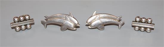 A pair of Georg Jensen sterling dolphin earrings, no 129 and one other pair of Jensen earrings (only one signed).